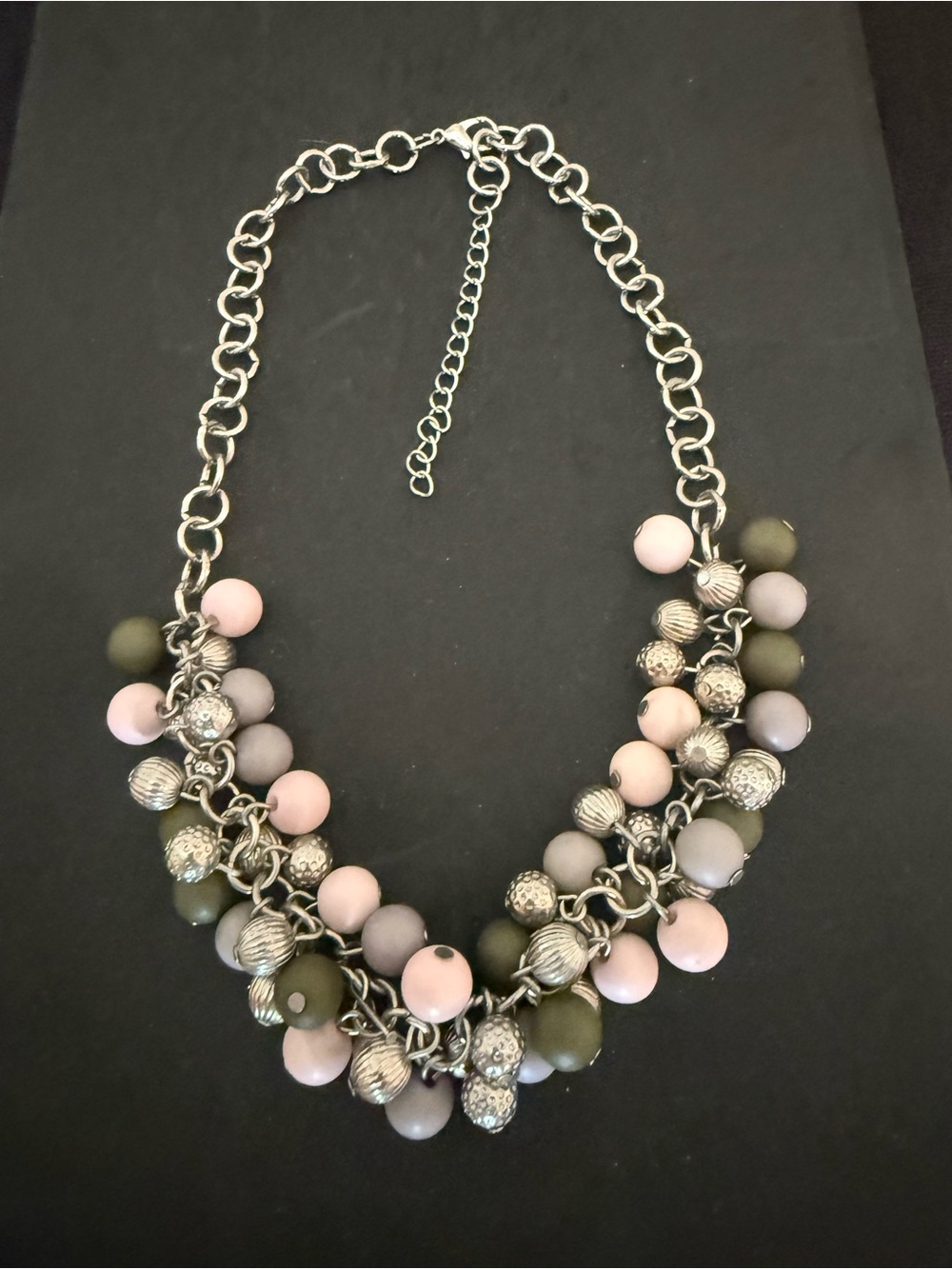 Women's Multi-Bead Statement Necklace in Pink, Olive & Gray